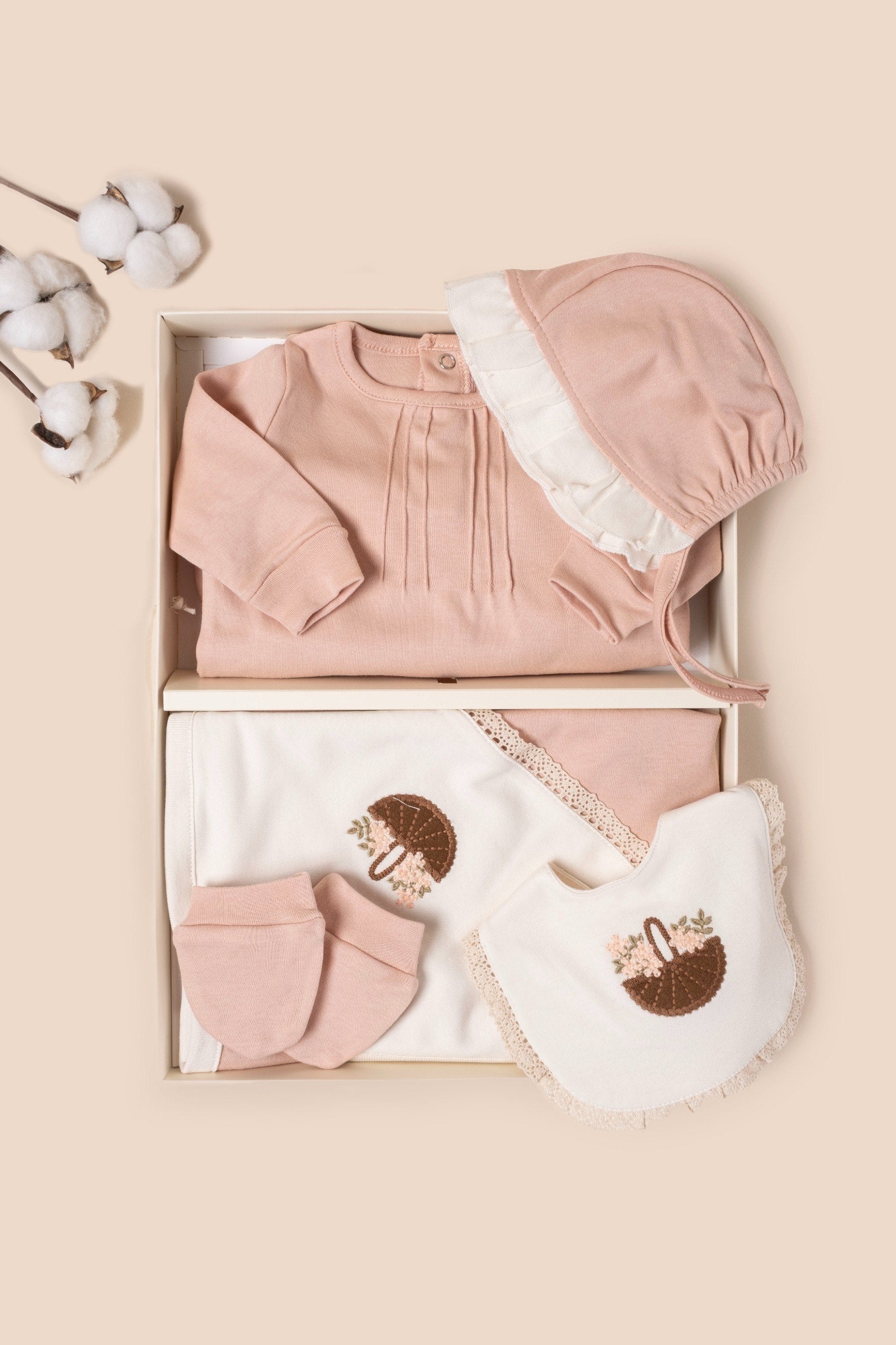 Flower Basket Embroidered 7-piece set - Pink