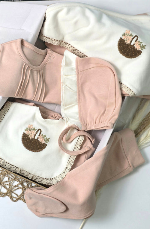 Flower Basket Embroidered 7-piece set - Pink