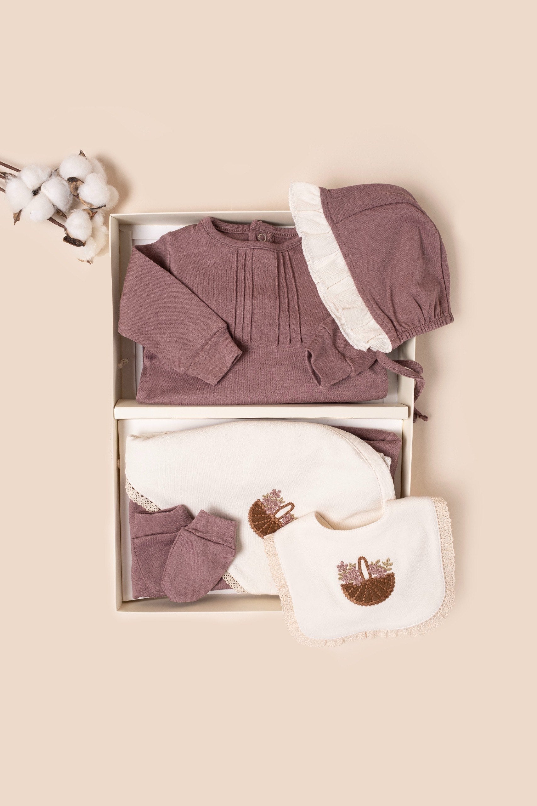 Flower Basket Embroidered 7-piece set - Plum